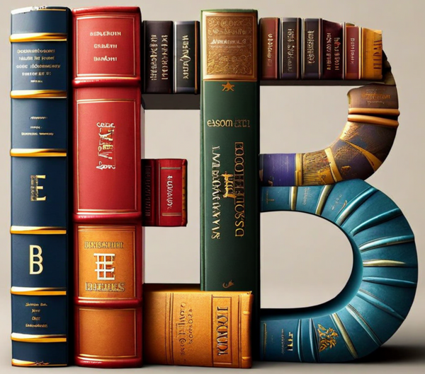 Books arranged to form the letters EB